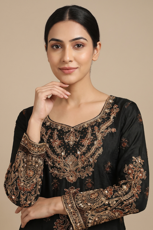 Black Crepe Readymade Sharara Set With Georgette Dupatta