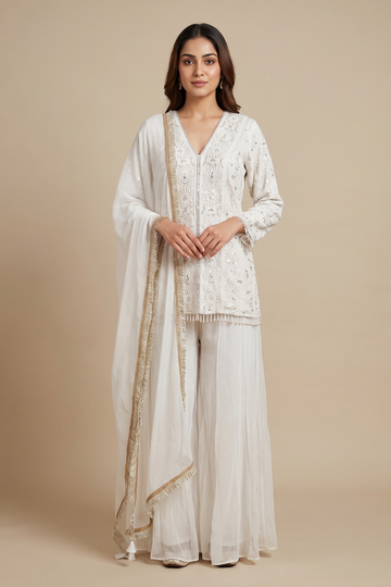 White Georgette Readymade Sharara Set With Georgette Dupatta