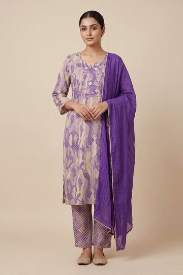 Purple Crepe Readymade Suit Set With Chinon Dupatta