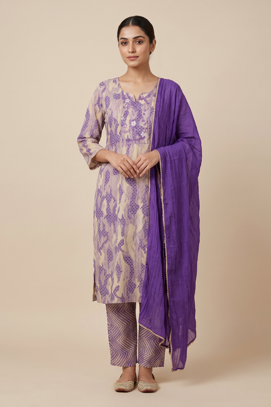 Purple Crepe Readymade Suit Set With Chinon Dupatta