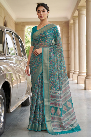 Mint Green Soft Twill Saree With Unstitched Blouse