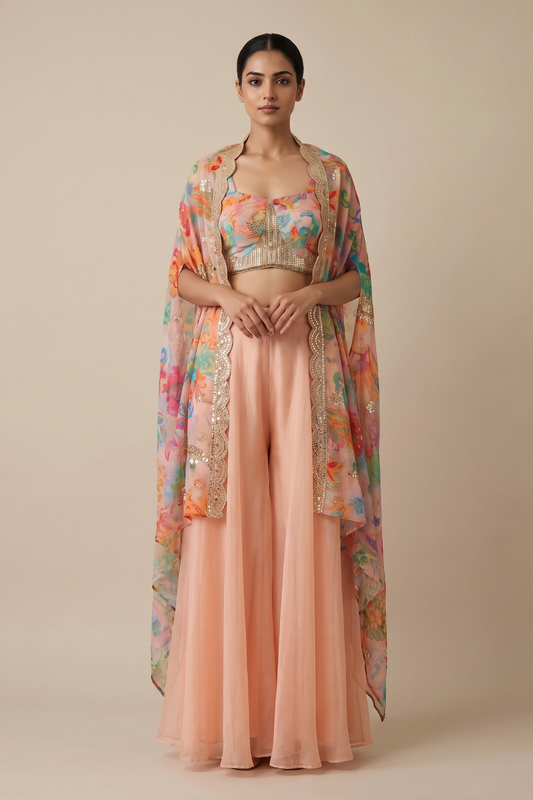 Peach Chinon Readymade Sharara Set With Shrug