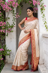 White Maroon Banarasi Silk Saree With Unstitched Blouse