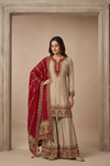Olive Crepe Readymade Suit Sharara With Georgette Dupatta
