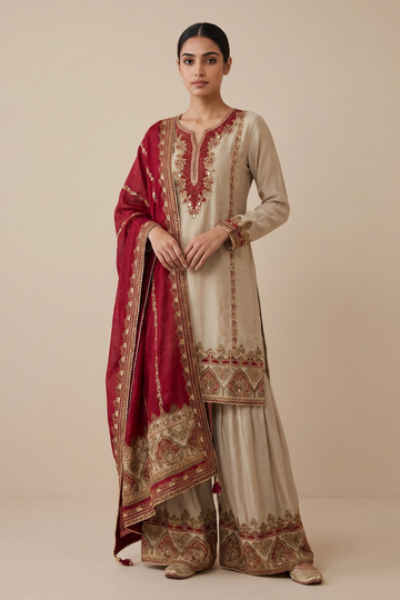 Olive Crepe Readymade Suit Sharara With Georgette Dupatta