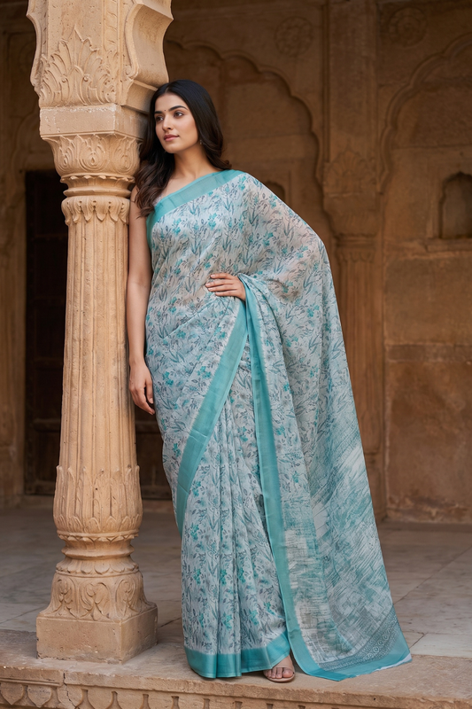 Tea Green Georgette Saree With Unstitched Blouse
