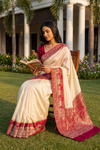 White Maroon Banarasi Silk Saree With Unstitched Blouse