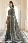 Bottle Green Chinon Saree With Unstitched Blouse
