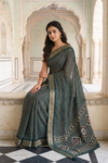 Bottle Green Chinon Saree With Unstitched Blouse