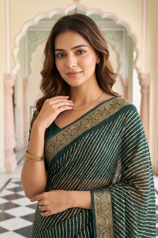 Bottle Green Chinon Saree With Unstitched Blouse