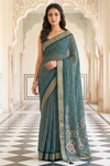 Bottle Green Chinon Saree With Unstitched Blouse