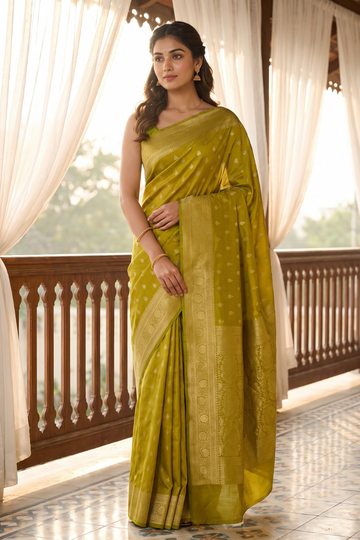 Pista Banarasi Silk Saree With Unstitched Blouse