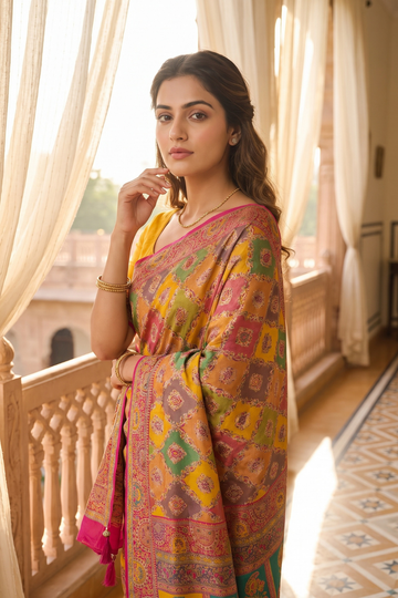 Mango Gold Banarasi Silk Saree With Unstitched Blouse