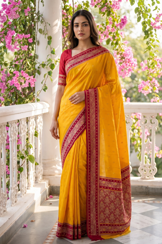 Mango Gold Banarasi Silk Saree With Unstitched Blouse