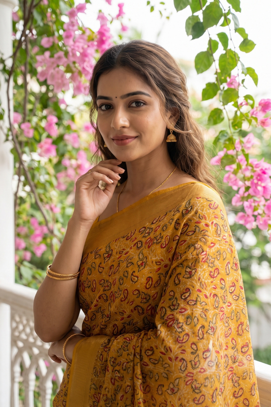 Mustard Soft Twill Saree With Unstitched Blouse