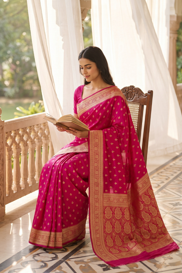 Rani Banarasi Silk Saree With Unstitched Blouse