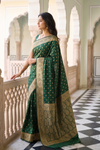 Bottle Green Banarasi Silk Saree With Unstitched Blouse