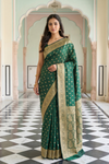 Bottle Green Banarasi Silk Saree With Unstitched Blouse