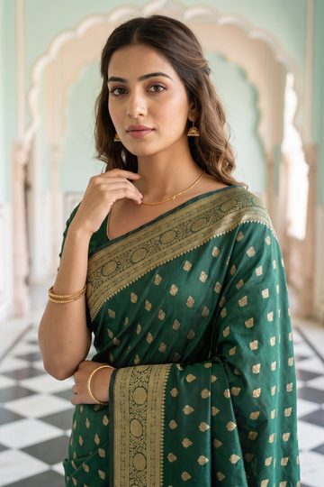 Bottle Green Banarasi Silk Saree With Unstitched Blouse