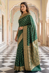 Bottle Green Banarasi Silk Saree With Unstitched Blouse