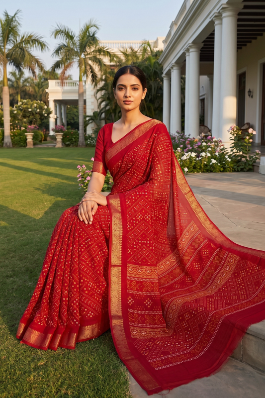 Red Soft Twill Saree With Unstitched Blouse