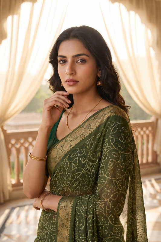 Mehndi Soft Twill Saree With Unstitched Blouse