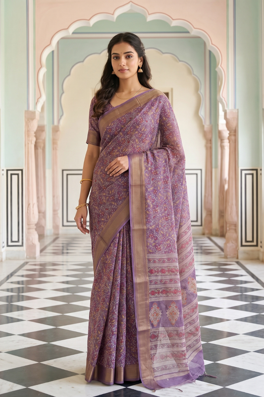 Mauve Soft Twill Saree With Unstitched Blouse