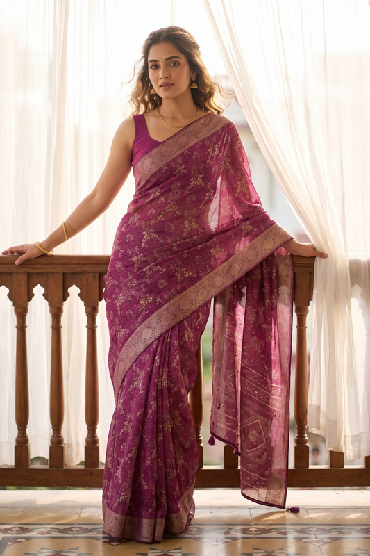 Dark Gajari Georgette Saree With Unstitched Blouse