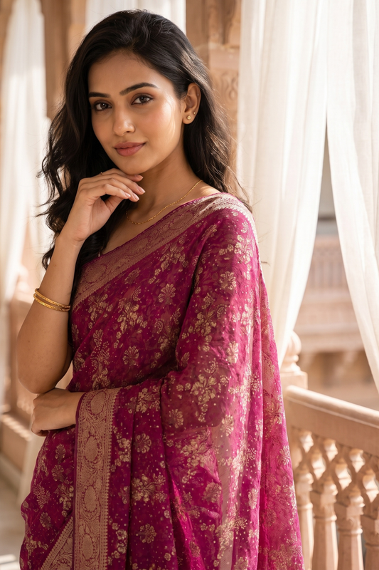Dark Gajari Georgette Saree With Unstitched Blouse