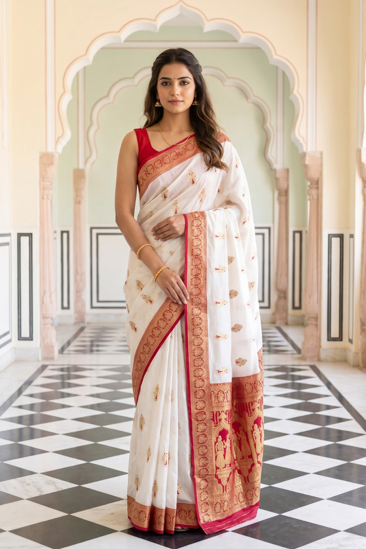 White Maroon Banarasi Silk Saree With Unstitched Blouse