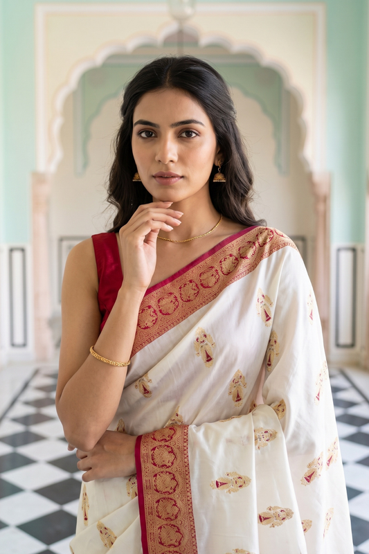 White Maroon Banarasi Silk Saree With Unstitched Blouse