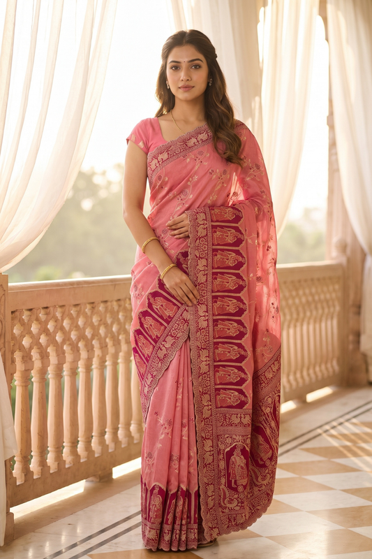 Gajari Banarasi Silk Saree With Unstitched Blouse