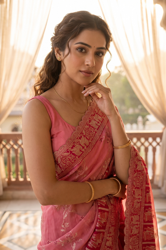 Gajari Banarasi Silk Saree With Unstitched Blouse