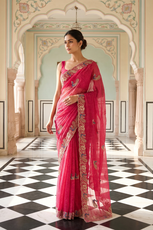 Gajari Shimmer Saree With Unstitched Blouse