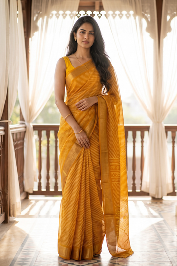 Mustard Soft Twill Saree With Unstitched Blouse