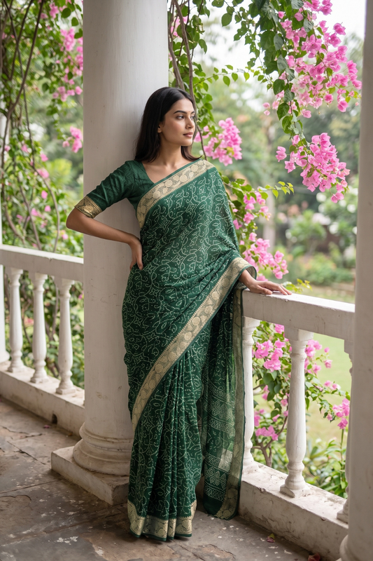 Bottle Green Soft Twill Saree With Unstitched Blouse