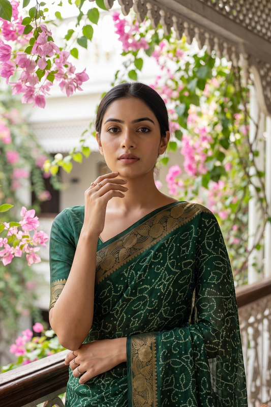 Bottle Green Soft Twill Saree With Unstitched Blouse