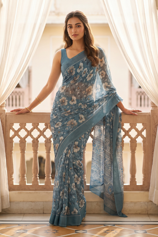 Grey Georgette Saree With Unstitched Blouse