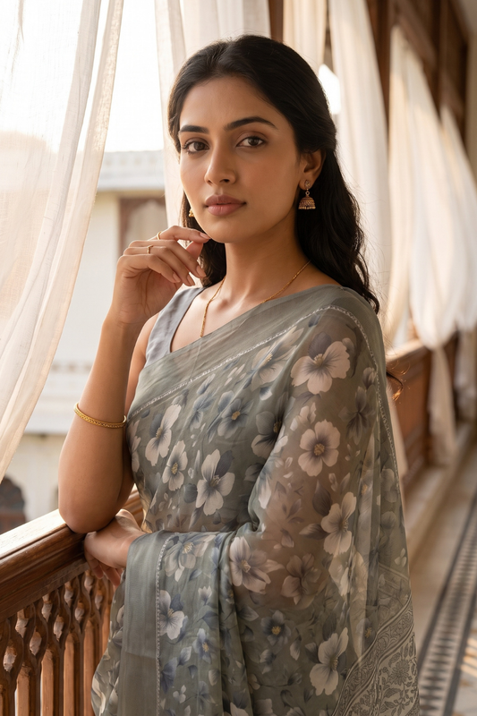 Pista Georgette Saree With Unstitched Blouse