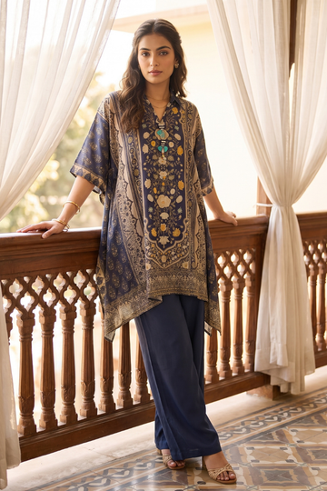 Midnight Blue Cotton Readymade Suit With Plazzo