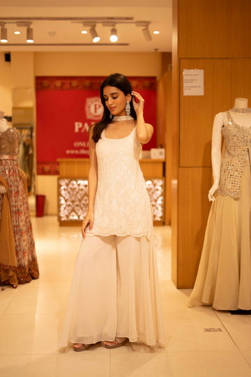 Off White Georgette Readymade Sharara Set With Georgette Dupatta