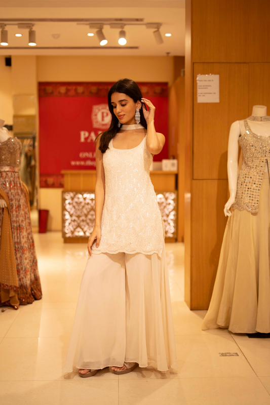 Off White Georgette Readymade Sharara Set With Georgette Dupatta