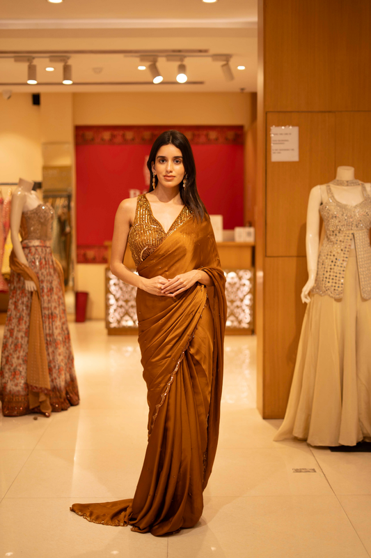 Mustard satin Pre-Draped Designer Saree With Readymade Blouse