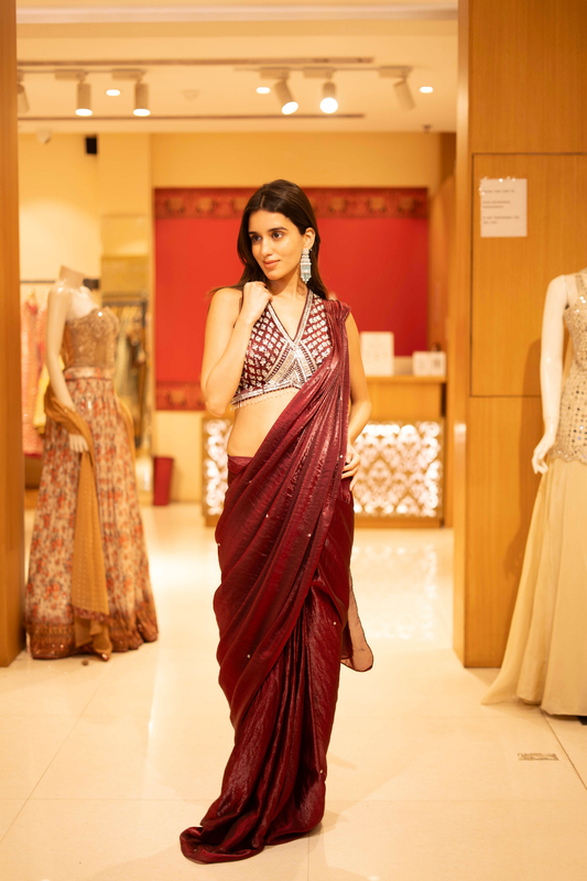Garnet Organza Pre-Draped Designer Saree With Readymade Blouse