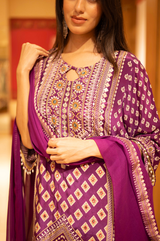Megenta Crepe Readymade Sharara Set with Georgette Dupatta