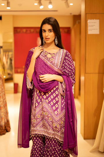 Megenta Crepe Readymade Sharara Set with Georgette Dupatta