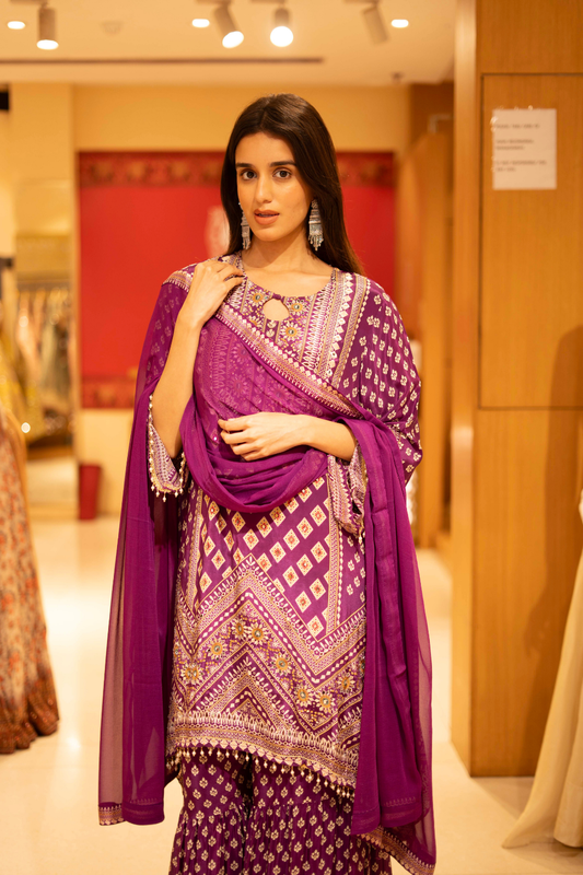 Megenta Crepe Readymade Sharara Set with Georgette Dupatta