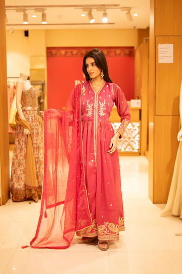 Rani Shimmer Floor Lenght Readymade suit with net dupatta