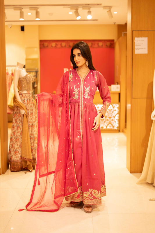 Rani Shimmer Floor Lenght Readymade suit with net dupatta