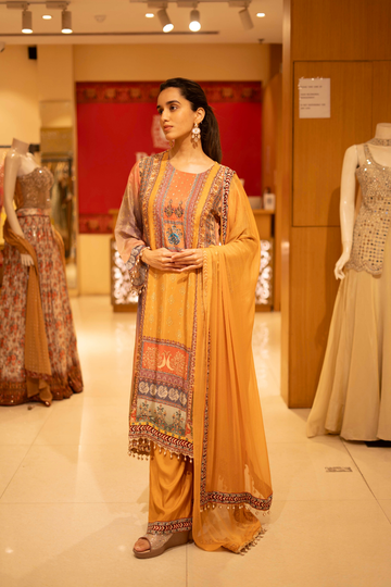 Mustard Crepe Readymade Suit And Palazzo with Crepe dupatta
